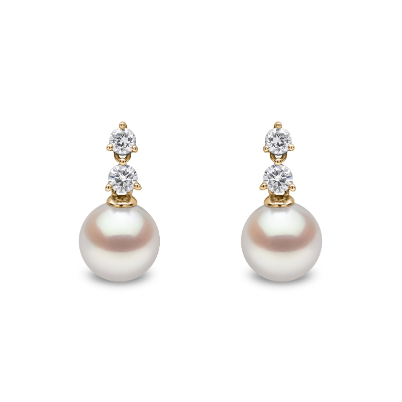 QYE2401-6X London Pearl & Diamond Drop Earrings In 18 Karat Yellow Gold With 2 Akoya Pearls