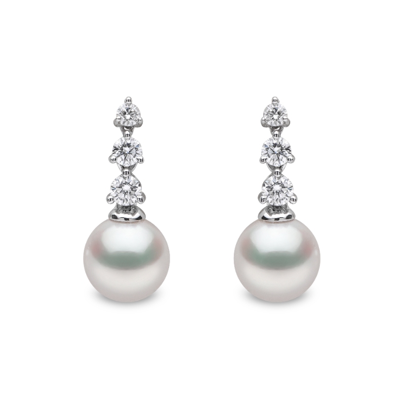 QYE2403-7X London Pearl & Diamond Drop Earrings In 18 Karat White Gold With 2 Akoya Pearls