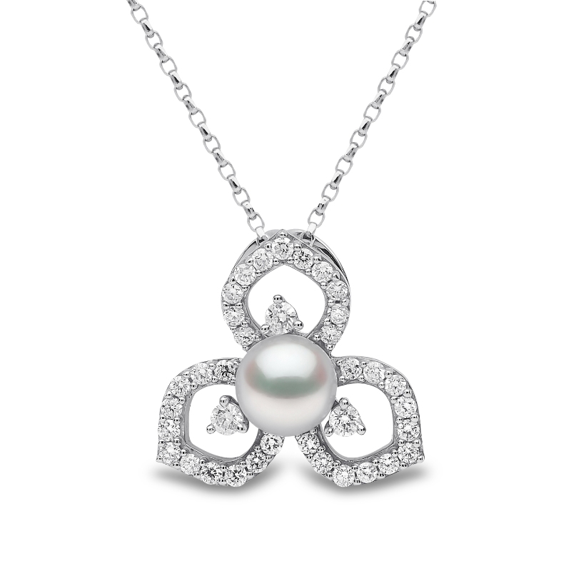 QYP2307-7X London Pearl & Diamond Pendant In 18 Karat White Gold With 1 Akoya Pearl