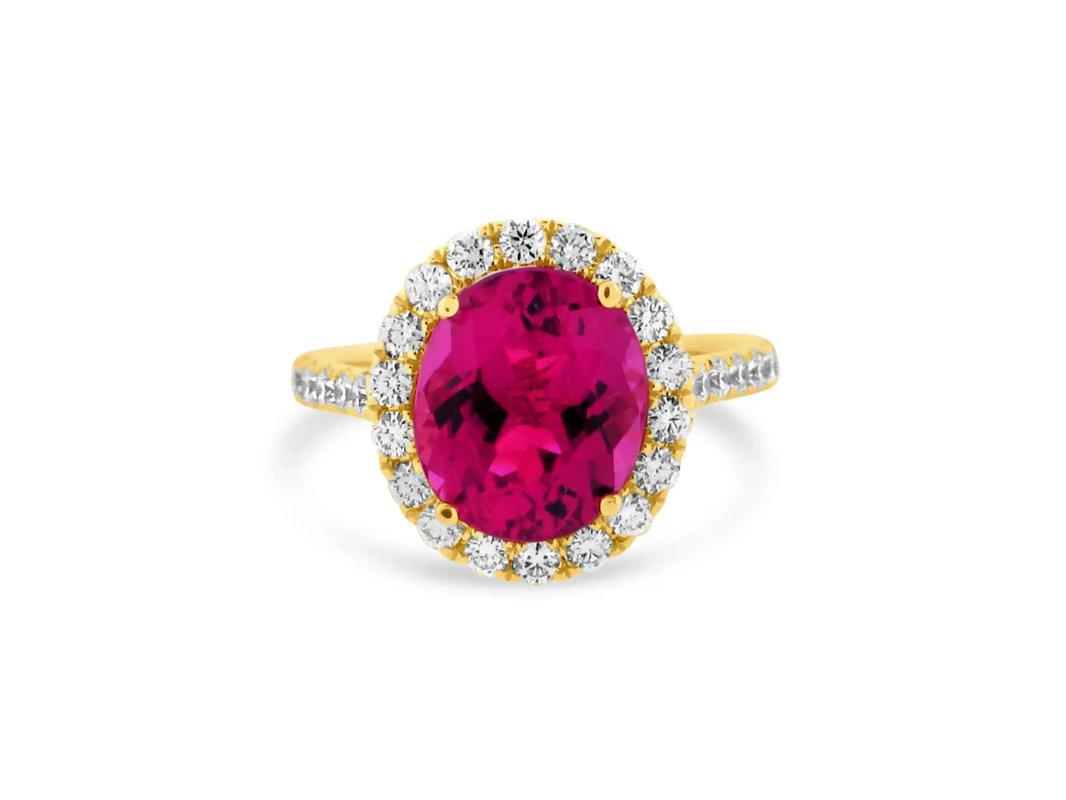 PRIVE 18K YELLOW GOLD 3.91CT A+ PINK TOURMALINE OVAL .88CT VS/G ACCENT NATURAL DIAMONDS