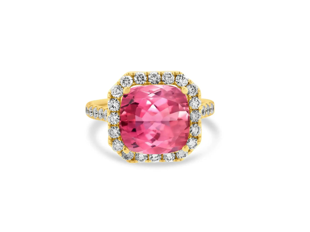 PRIVE'18K YELLOW GOLD 4.75CT A+ PINK TOURMALINE CUSHION SHAPE WITH.94CT VS/SI-G NATURAL DIAMONDS