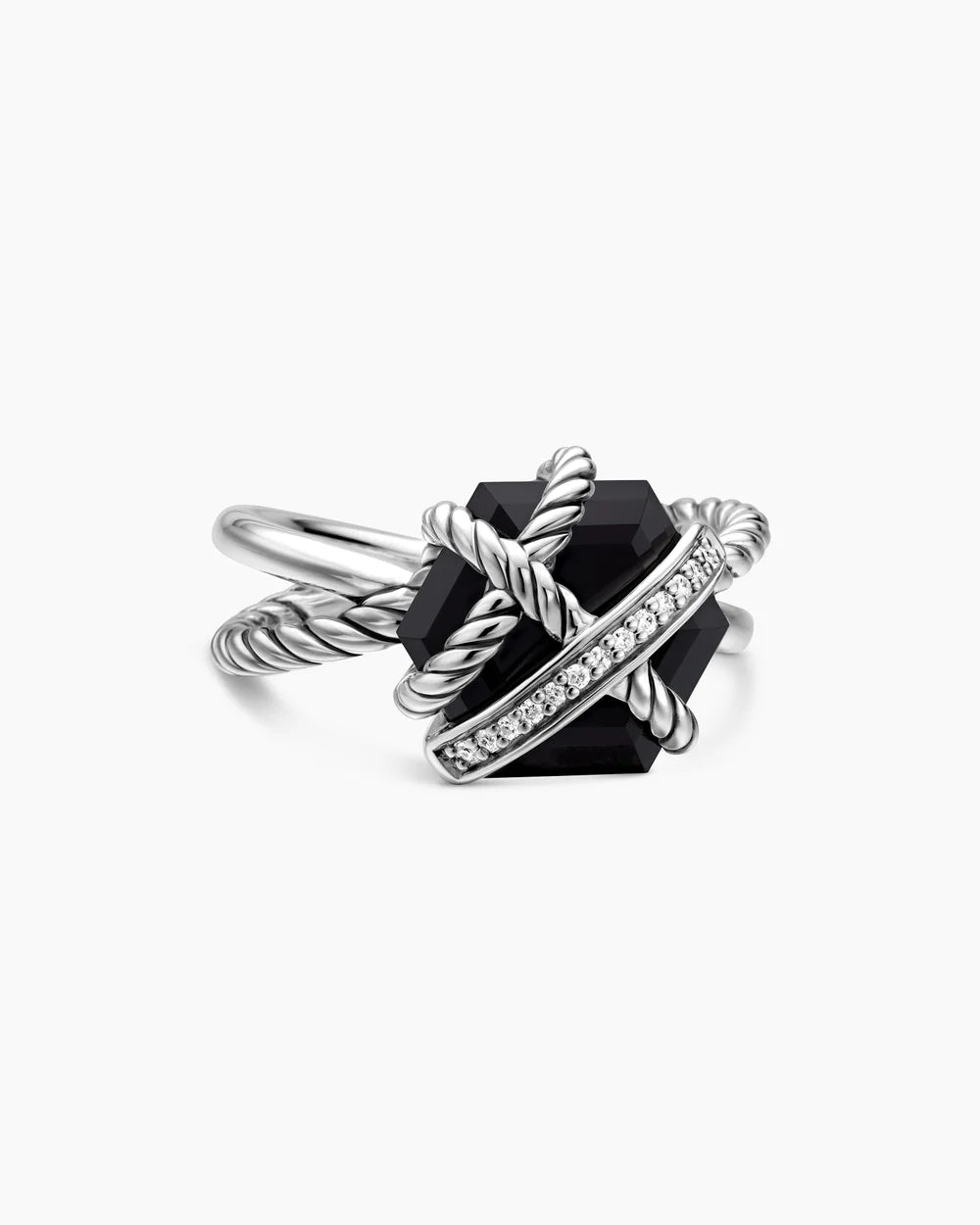 CABLE WRAP RING Sterling Silver with Black Onyx and Diamonds, 11mm
