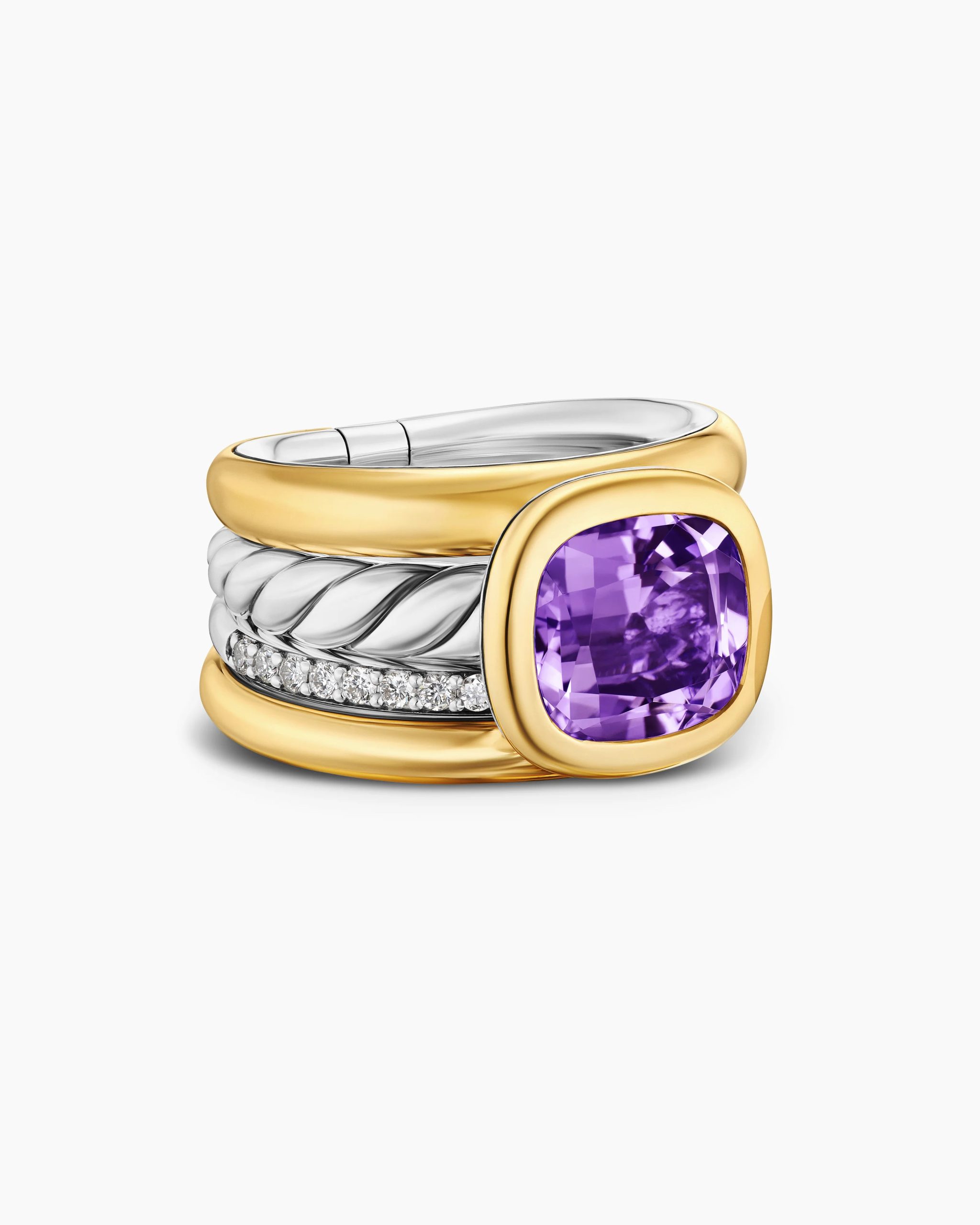 DY MERCER® COLOR FOUR ROW STONE RING Sterling Silver with 18K Yellow Gold, Amethyst and Diamonds, 14mm