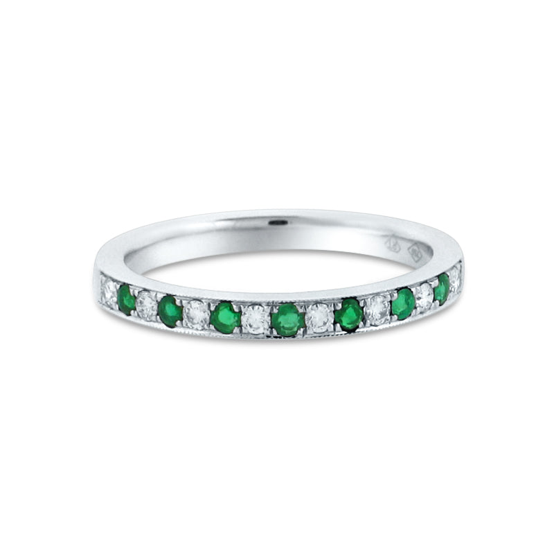 PRIVE' 18K WHITWE GOLD & 0.13CT DIAMOND & 0.17CT EMERALD WEDDING BAND