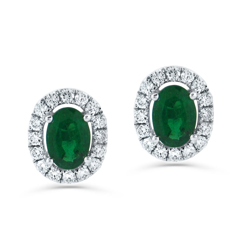 PRIVE' 18K WHITE GOLD 1.33CT EMERALD W/ 0.46CT DIAMOND HALO STUDS