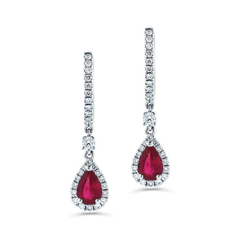 PRIVE'18K WHITE GOLD 0.75CT RUBY & 0.41CT DIAMOND HALO DANGLE LEVER BACK EARRINGS