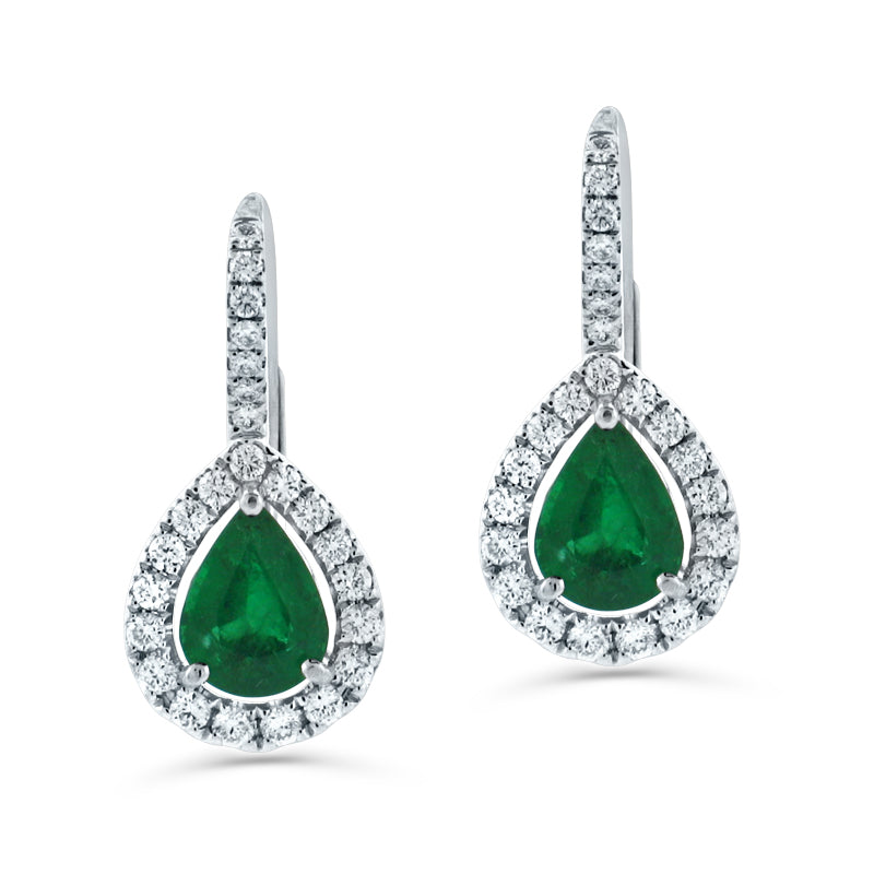 PRIVE' 18K WHITE GOLD 1.93CT PEARSHAPED EMERALD & 0.64CT DIAMOND LEVER BACK EARRINGS