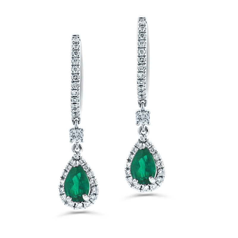 PRIVE 18K WHITE 0.78CT EMERALD, 0.39CTDIAMOND DANGLE LEVERBACK EARRINGS