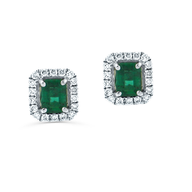 PRIVE' 18K WHITE GOLD 0.64CT EMERALD W/ 0.22CT DIAMOND HALO STUDS
