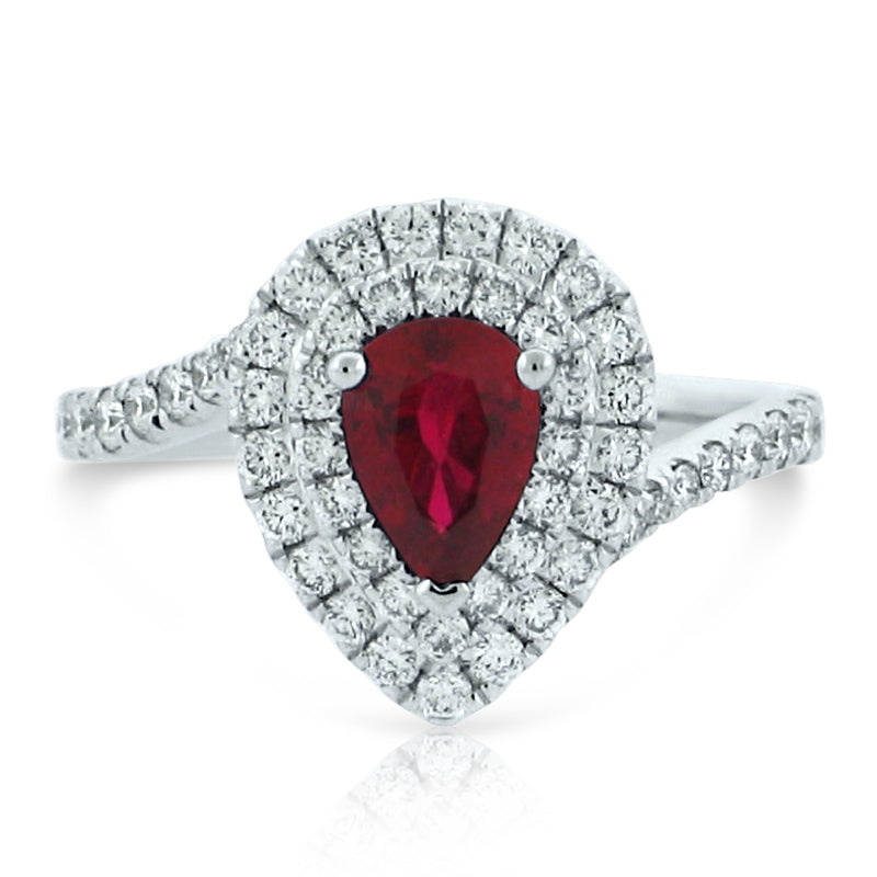 MULLOYS PRIVE'18K WHITE GOLD .88CT A+ RUBY .88CT VS-SI-G DIAMOND PEAR RING R25730R