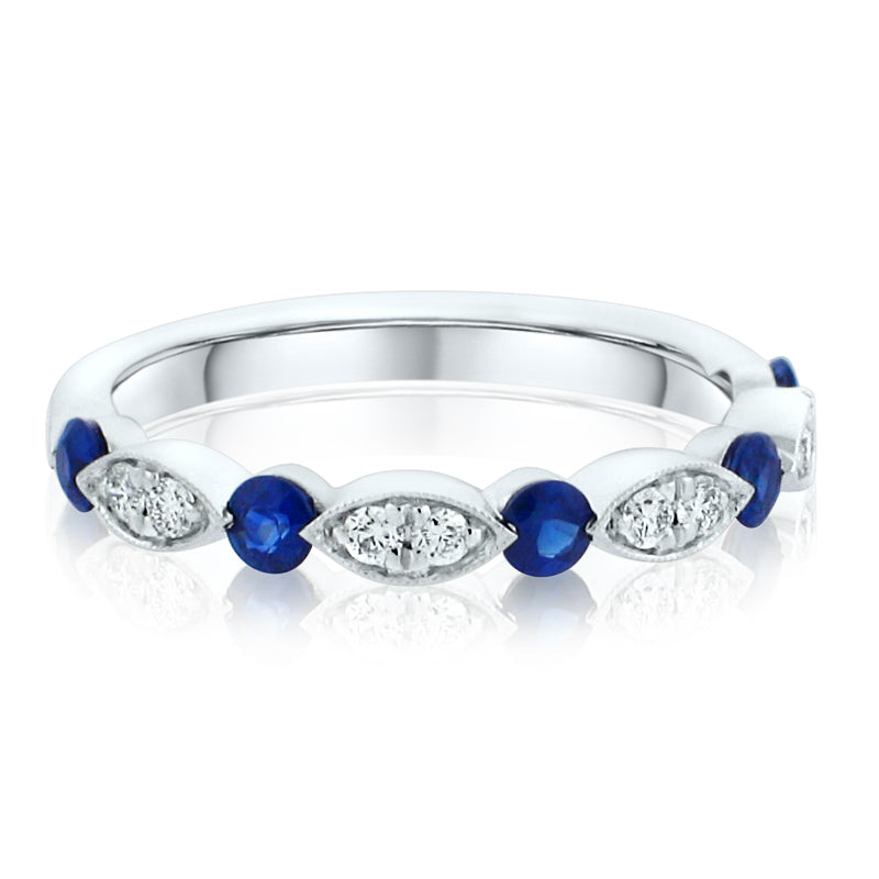 MULLOYS PRIVE'18K WHITE GOLD .45CT A+ BLUE SAPPHIRE .15CT VS-SI-G DIAMOND BAND R23518S