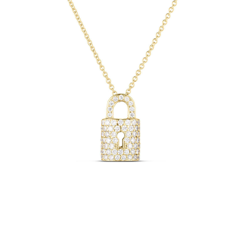 18K YELLOW GOLD DIAMOND PAVE ENCRUSTED LOCK PENDANT 0.30CT
