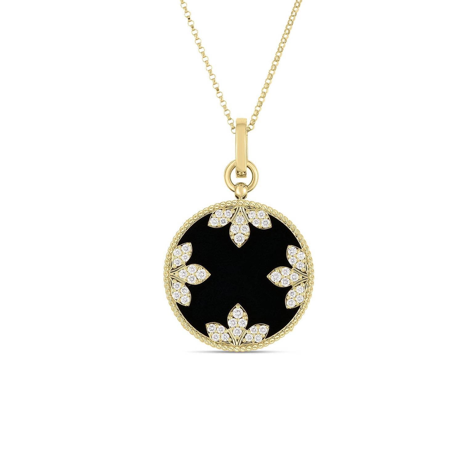18K Yellow Gold Venetian Medallions Large Diamond & Black Jade Necklace