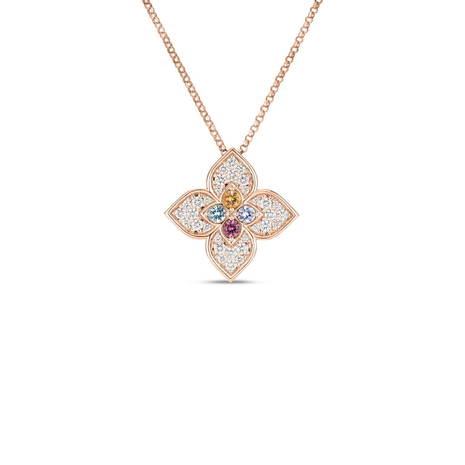 18K Rose Gold Venetian Princess Carnival Large Flower Necklace with Diamonds & Mixed Gemstones