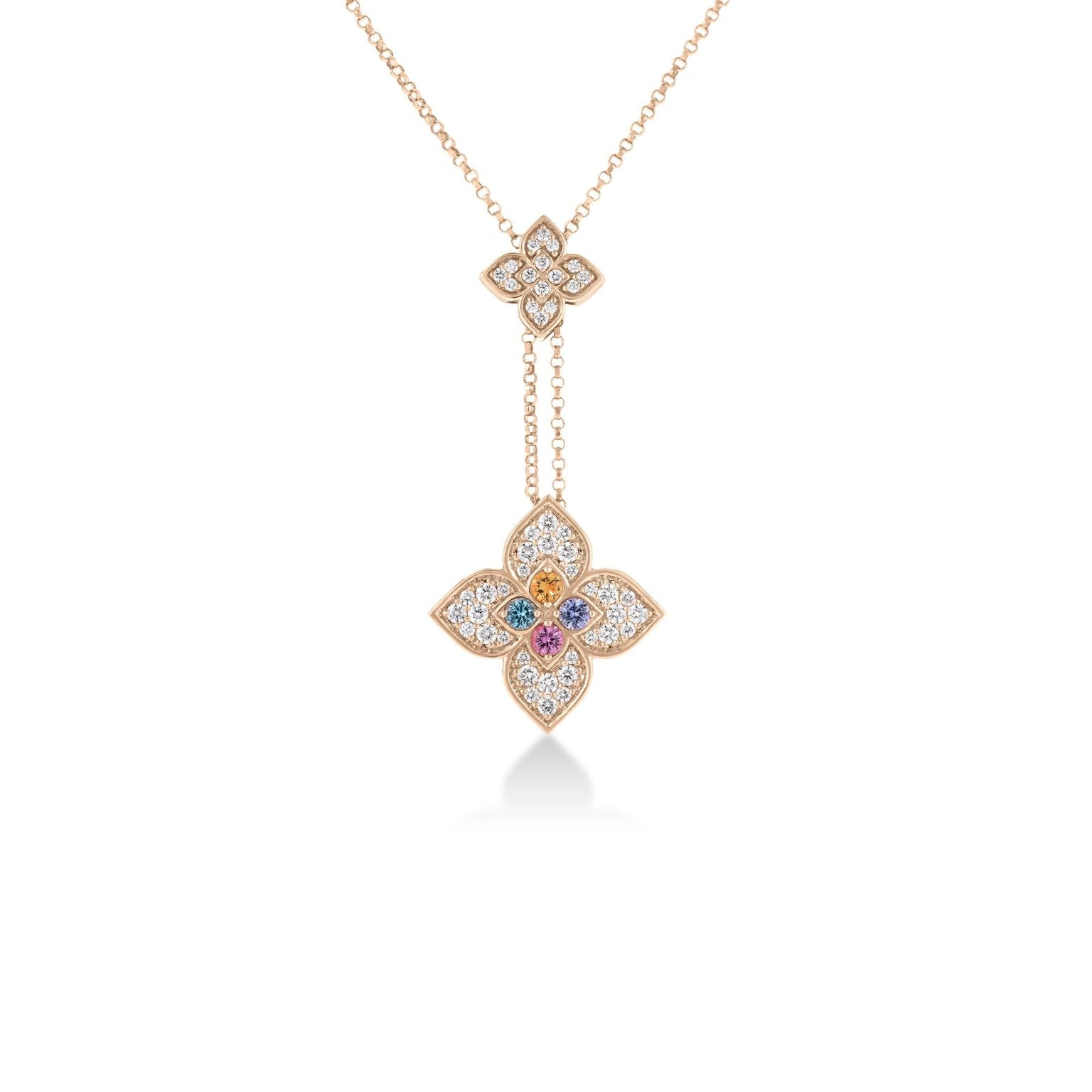 18K Rose Gold Venetian Princess Carnival Pavé Diamond & Mixed Stones Double Flower Lariat Necklace