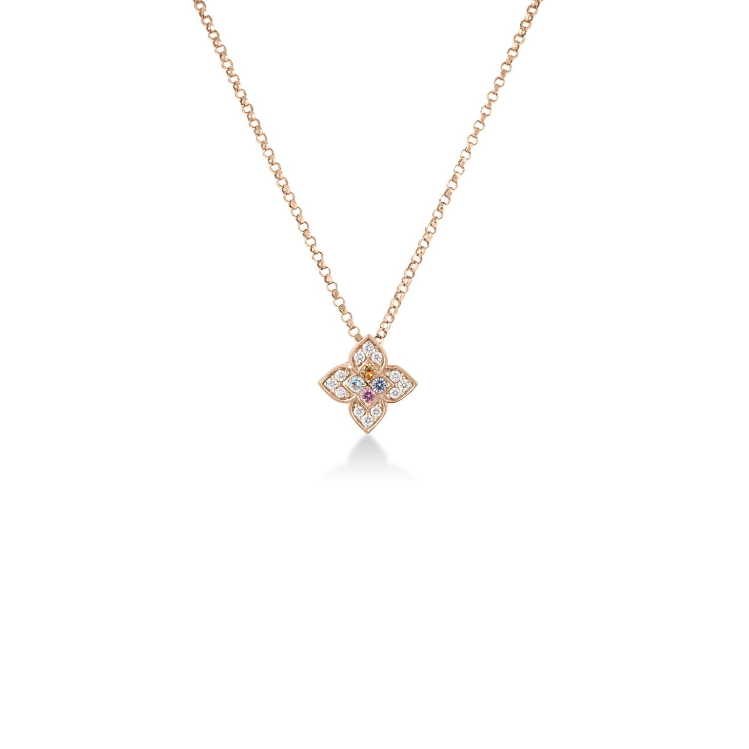 18K Rose Gold Venetian Princess Carnival Pavé Diamond & Mixed Stones Small Flower Necklace