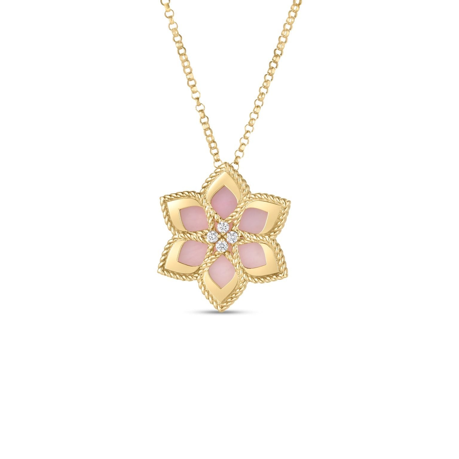 18K Yellow Gold Vernazza Diamond & Pink Opal Flower Necklace