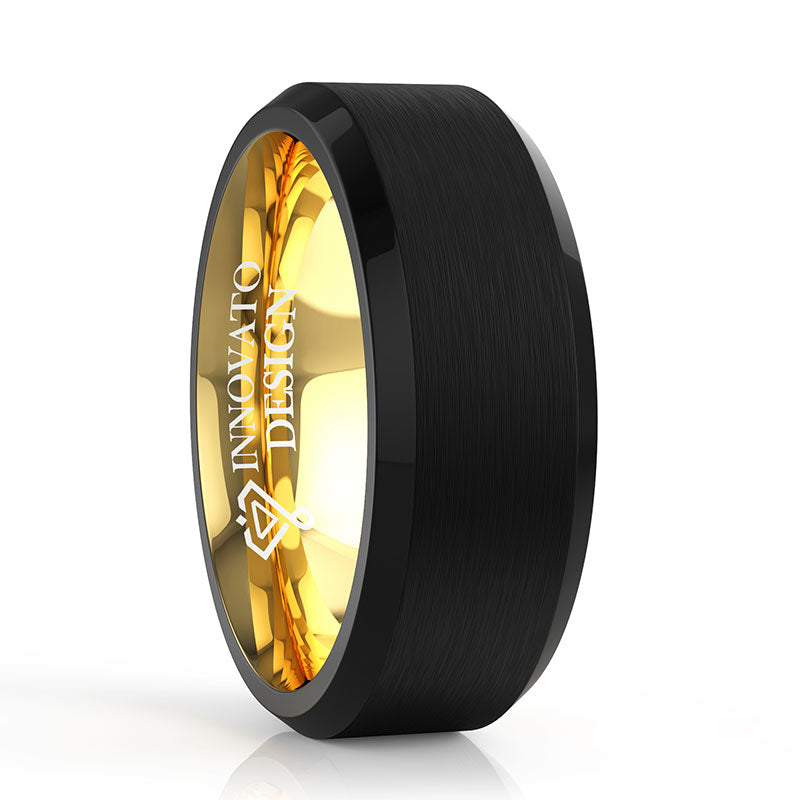 DUO 8mm Black Matte Finish Tungsten Carbide Ring 18K Gold Plated Beveled Edge Wedding Band