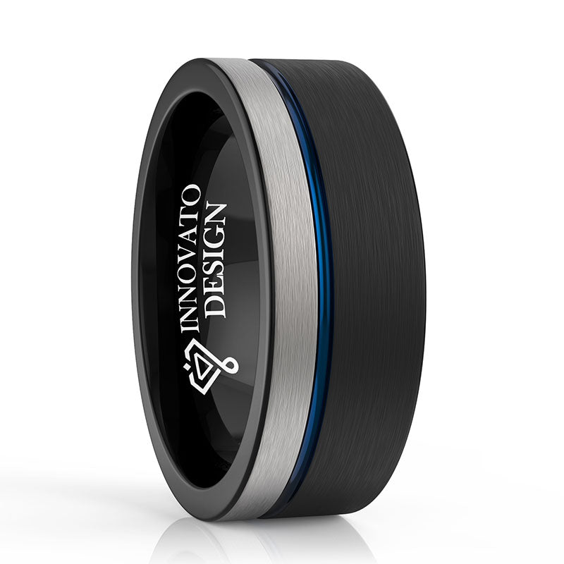 8mm Black, Silver and Blue Brushed Matte and Polished Tungsten Wedding Ring