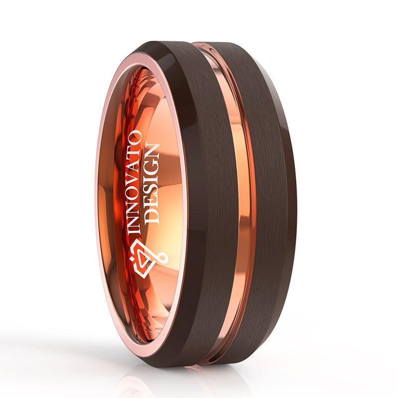 8 mm Brown Brushed Tungsten Carbide Wedding Band Ring Thin Rose Gold Groove Comfort Fit