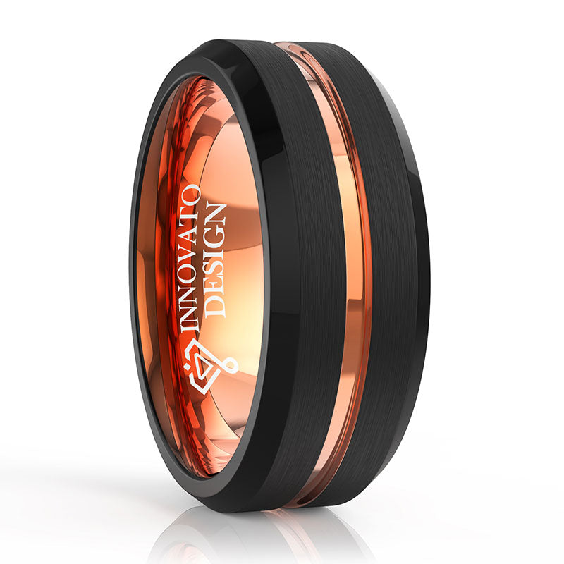 Men's 8mm Black Matte Finish Tungsten Carbide Ring 18K Rose Gold Plated Beveled Edge Wedding Band