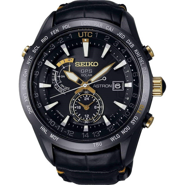 Seiko Men's SBXA100 Astron GPS Solar World Time Black Leather Watch