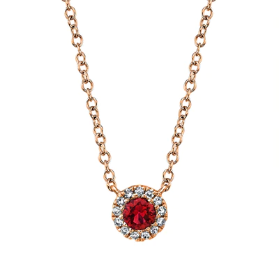 14K ROSE GOLD RUBY & DIAMOND HALO NECKLACE