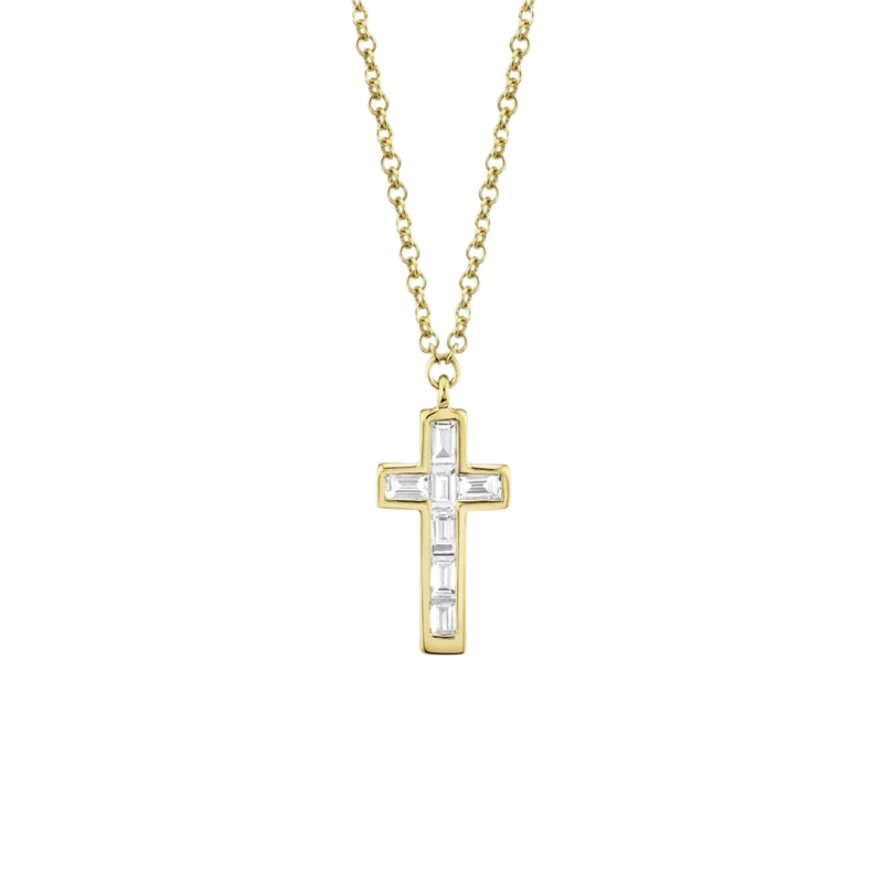 SC55007315 Diamond Baguette Cross Pendant In 14 Karat Yellow Gold With Baguette Cut Diamonds & 18" Chain