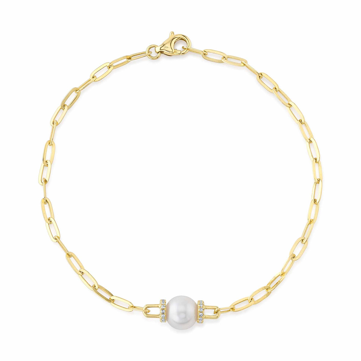 14K GOLD 0.07CT DIAMOND & PEARL PAPER CLIP BRACELET