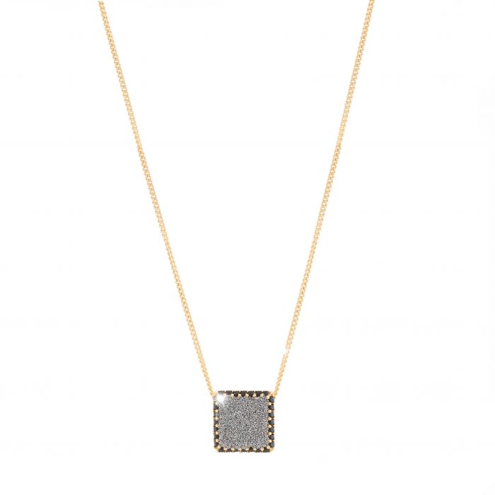 Jolie Necklace in Silver with Large Square Pendant with Diamond Dust and Black Stone