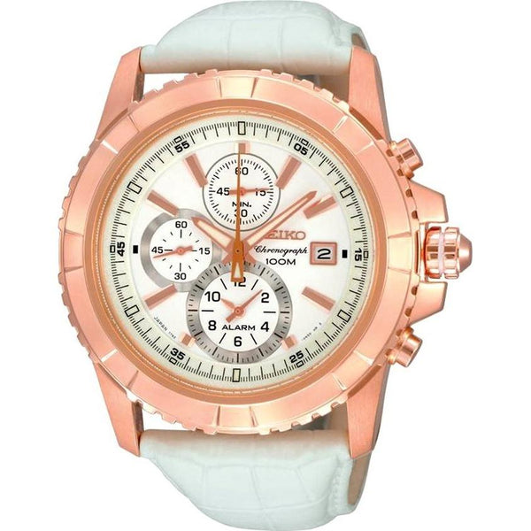 Seiko Men's SNAE12 Alarm Chronograph White Leather Watch