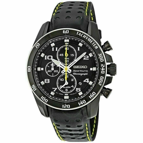 Seiko Men's SNAE67 Sportura Chronograph Black Leather Watch