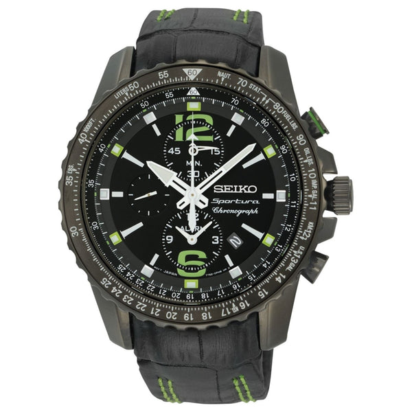 Seiko Men's SNAE97 Sportura Chronograph Black Leather Watch