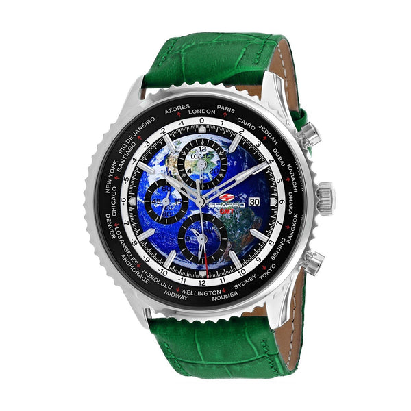 Seapro Men's SP7133 Meridian World Timer GMT Chronograph Green Leather Watch