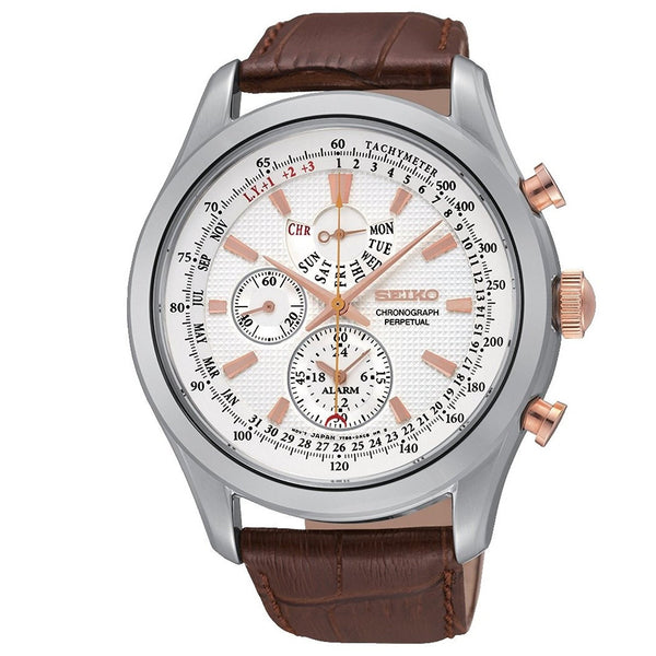 Seiko Men's SPC129 Neo Chronograph Alarm Perpetual Brown Leather Watch