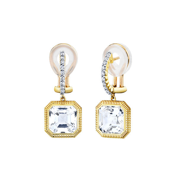Sloane Street 18k Yellow Gold Asscher Cut White Topaz Drop Earrings with Diamonds - SS-E002J-WT-WDCB-Y