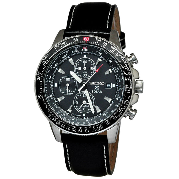 Seiko Men's SSC009P3 Flight Chronograph Black Leather Watch