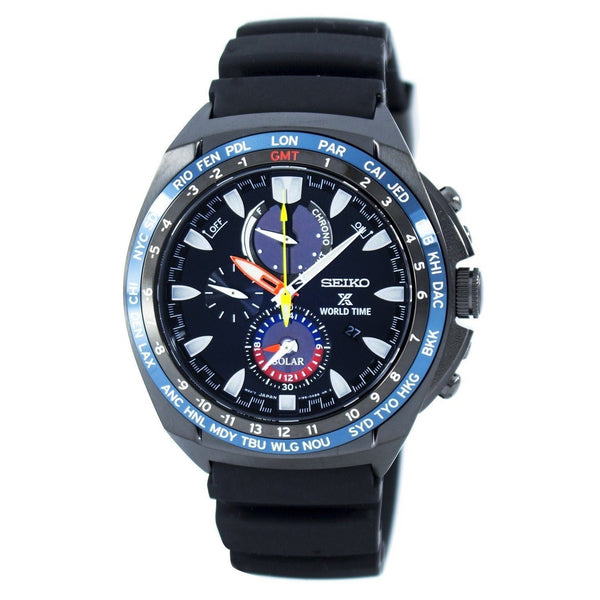 Seiko Men's SSC551 Solar Chronograph World Time Black Silicone Watch