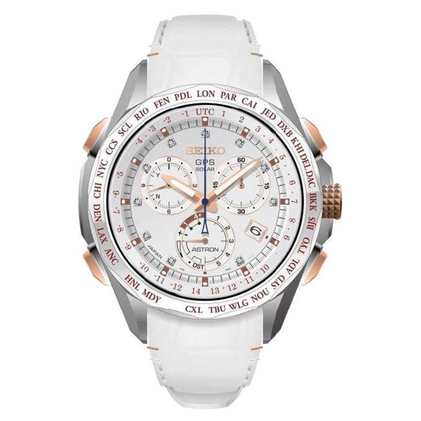 Seiko Women's SSE021 Astron GPS Solar Limited Edition Chronograph Diamond World Time White Leather Watch