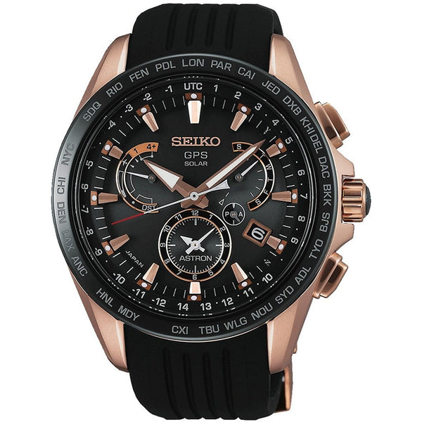 Seiko Men's SSE055 Astron GPS Solar World Time Black Silicone Watch