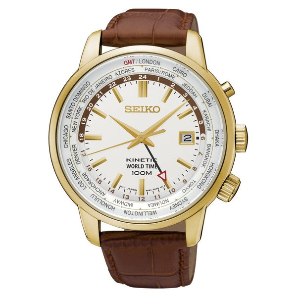 Seiko Men's SUN070 Kinetic World Time Brown Leather Watch