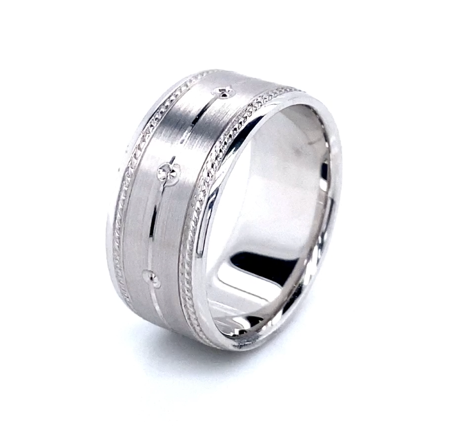 14K Wide Swirl Details White Gold Men Wedding Band