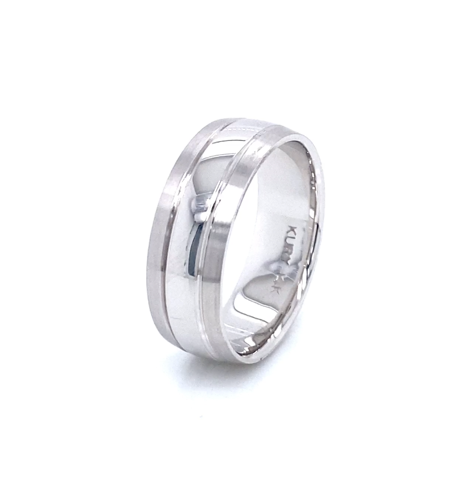 14K Wide Shiny Stripe White Gold Men Wedding Band