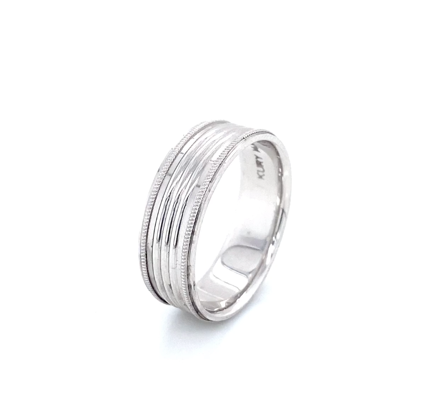 14K Thin Stripes White Gold Men Wedding Band