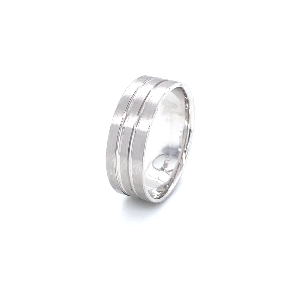 14K Tri-Striped Matte White Gold Men Wedding Band