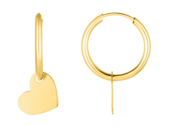 14K Gold Polished Heart Dangle Hoop