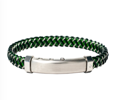 GREEN LEATHER & STEEL BRAID, STAINLESS STEEL CLASP WITH DIAMOND