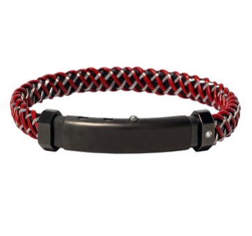 BLACK/RED LEATHER & STEEL BRAID, STAINLESS STEEL CLASP WITH DIAMOND