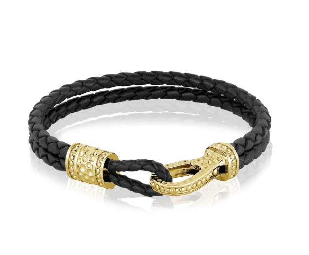 Gold Steel Clasp Black Leather Bracelet