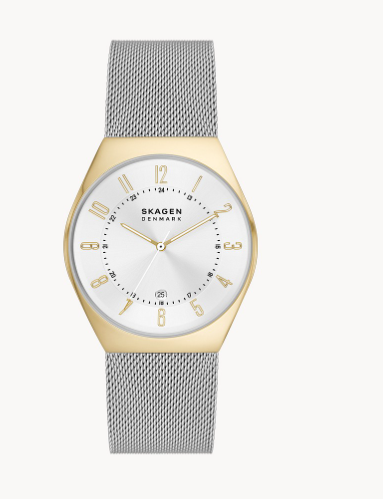 Grenen Three-Hand Date Silver Stainless Steel Mesh Watch